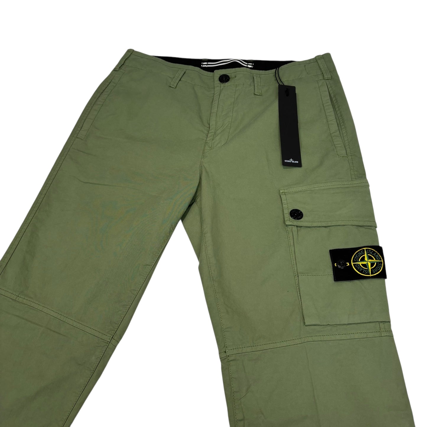 Stone Island Khaki Green Brushed Cotton Buttoned Pockets Compass-Patch Cargo Trousers