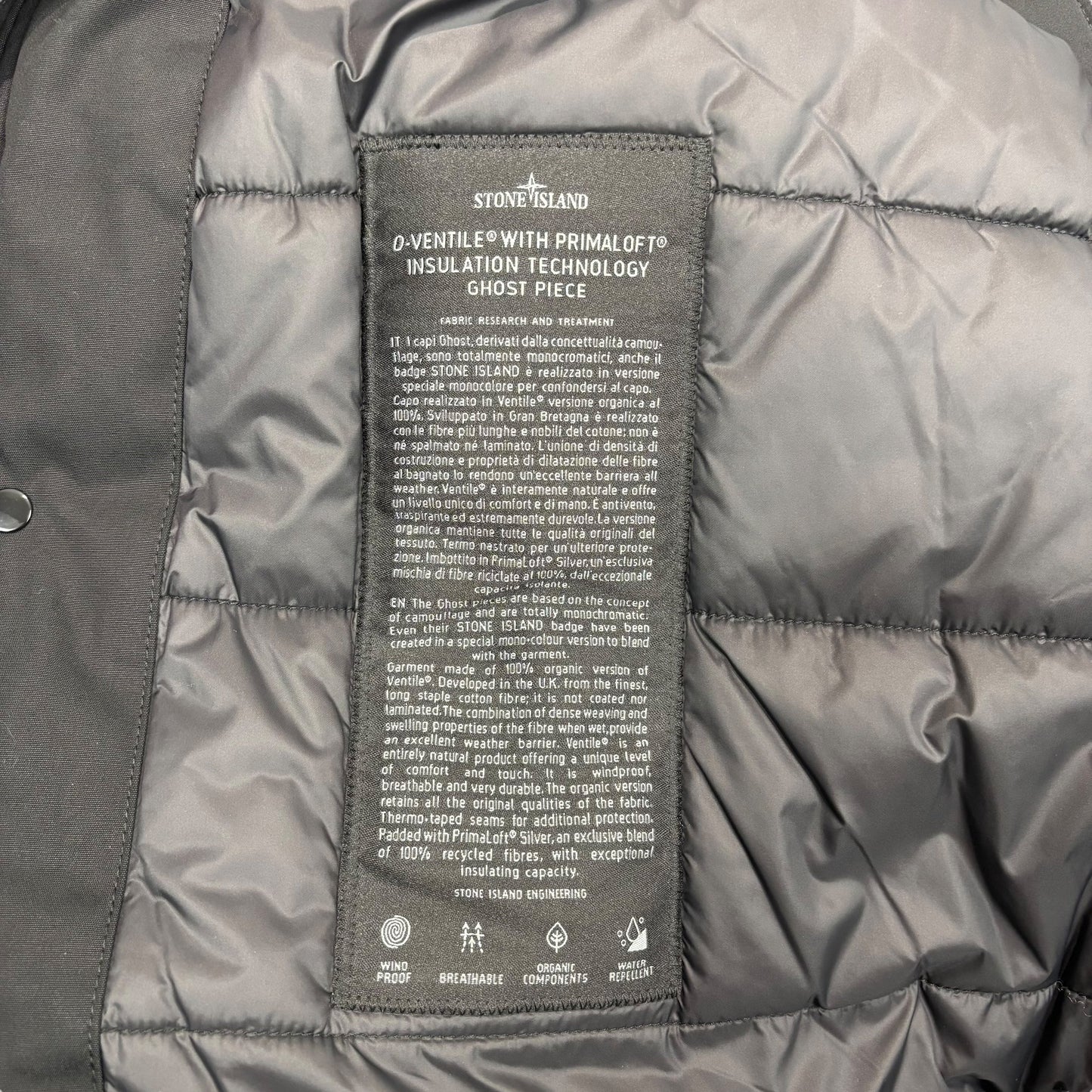 Stone Island Black O-Ventile with Primaloft Insulation Technology Ghost Piece Jacket