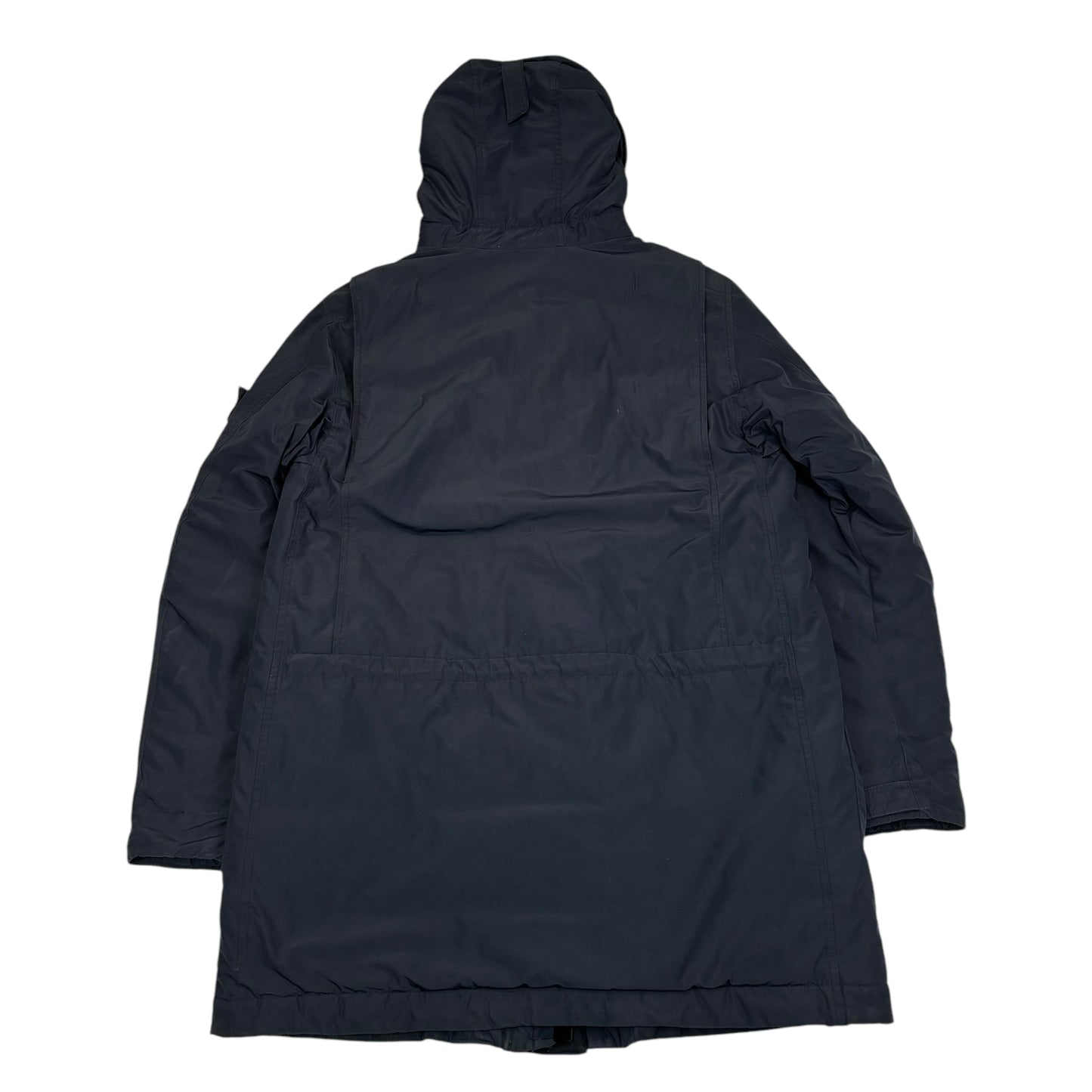 Stone Island Navy Blue Micro Reps with Primaloft Insulation Technology Long Line Hood Spell Out Compass Patch Coat