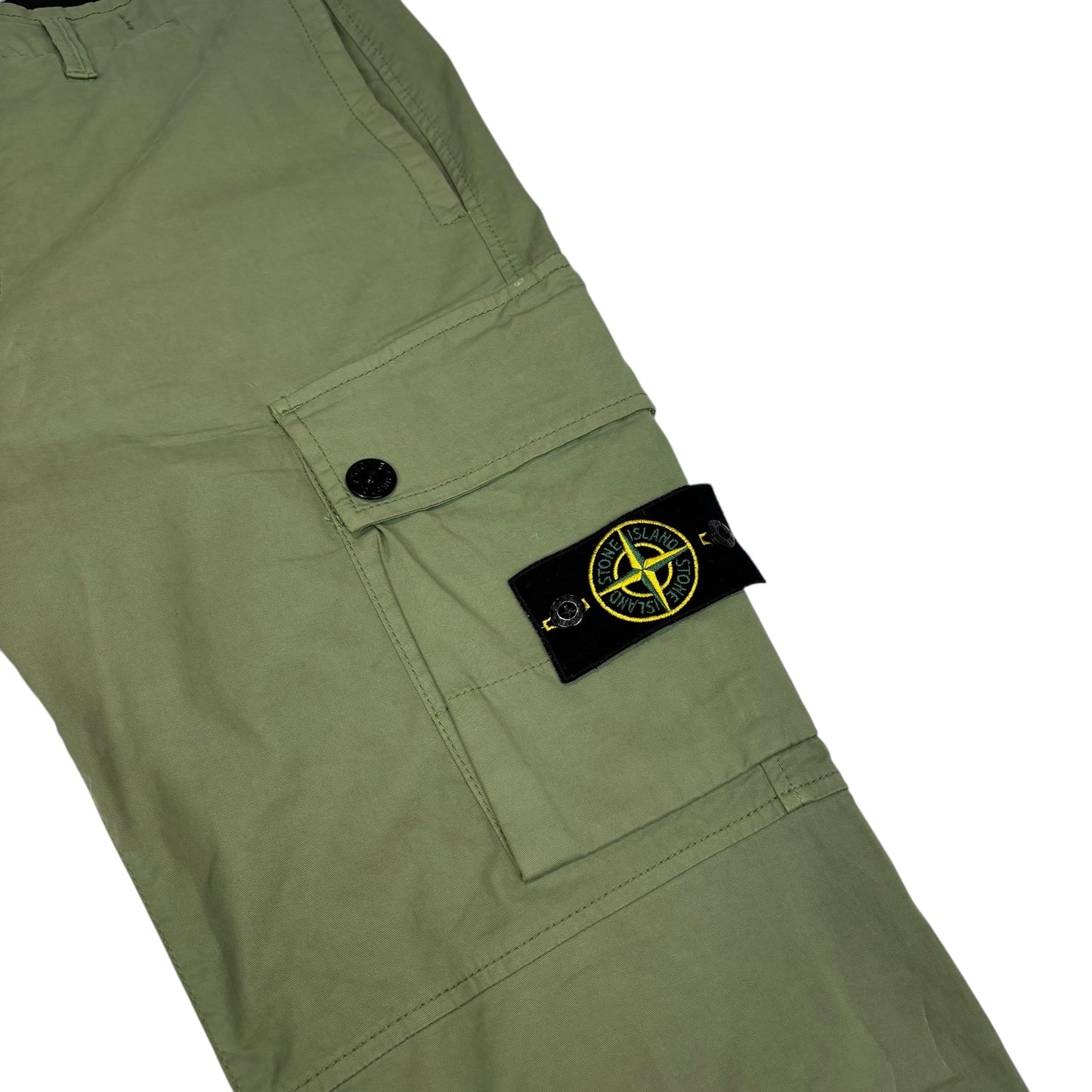 Stone Island Khaki Green Brushed Cotton Buttoned Pockets Compass-Patch Cargo Trousers