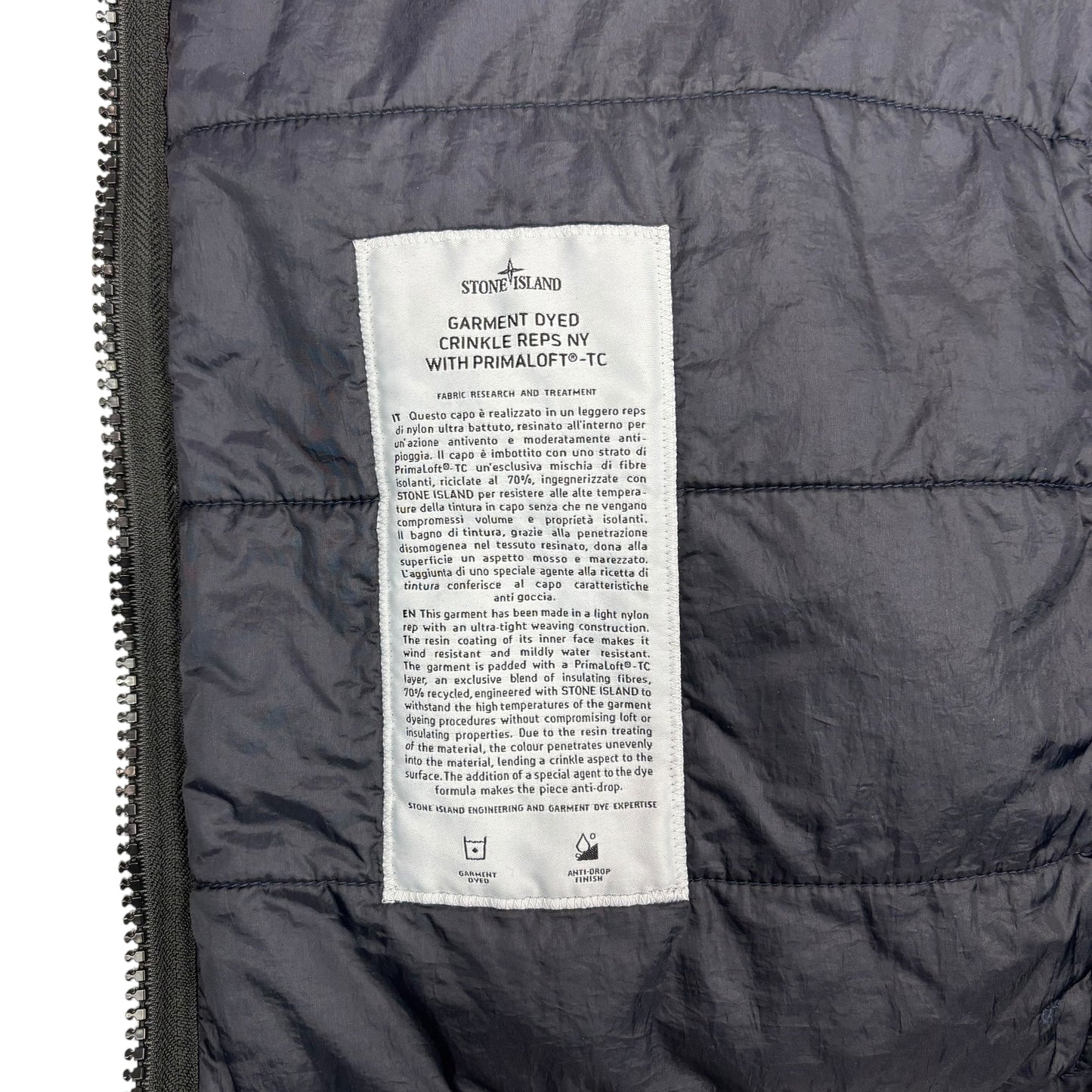 Stone Island Navy Blue Garment Dyed Crinkle Reps NY with Primaloft-TC and Hide-able Hood Jacket