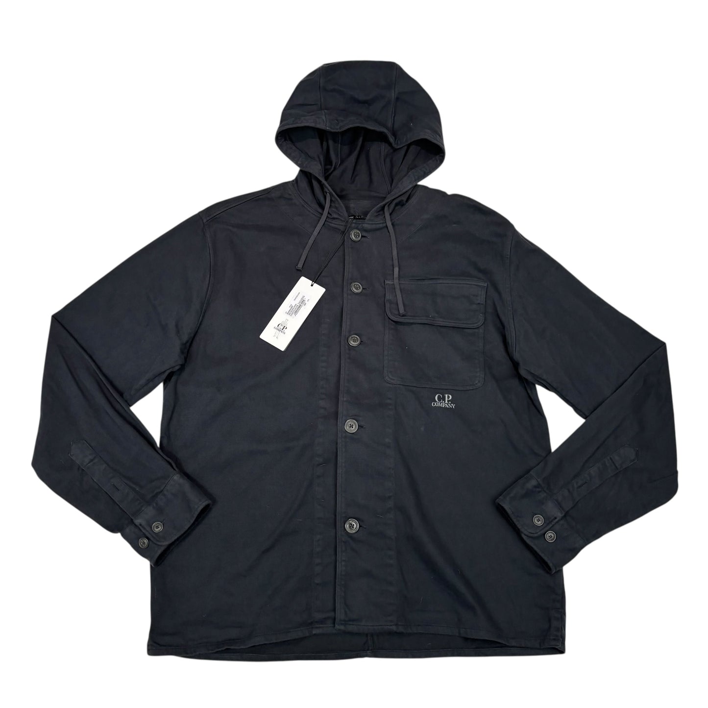CP Company Navy Blue Spell Out Hooded Button Up Jacket