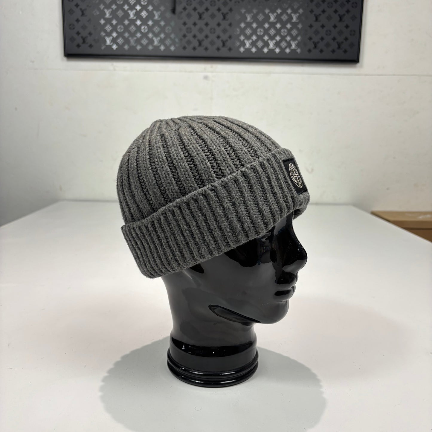 Stone Island Grey Patch Logo Cotton Beanie