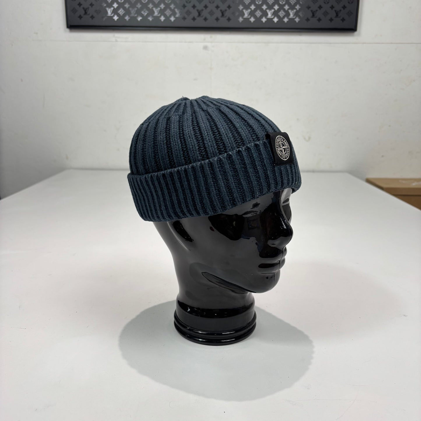 Stone Island Navy Blue Patch Logo Cotton Beanie