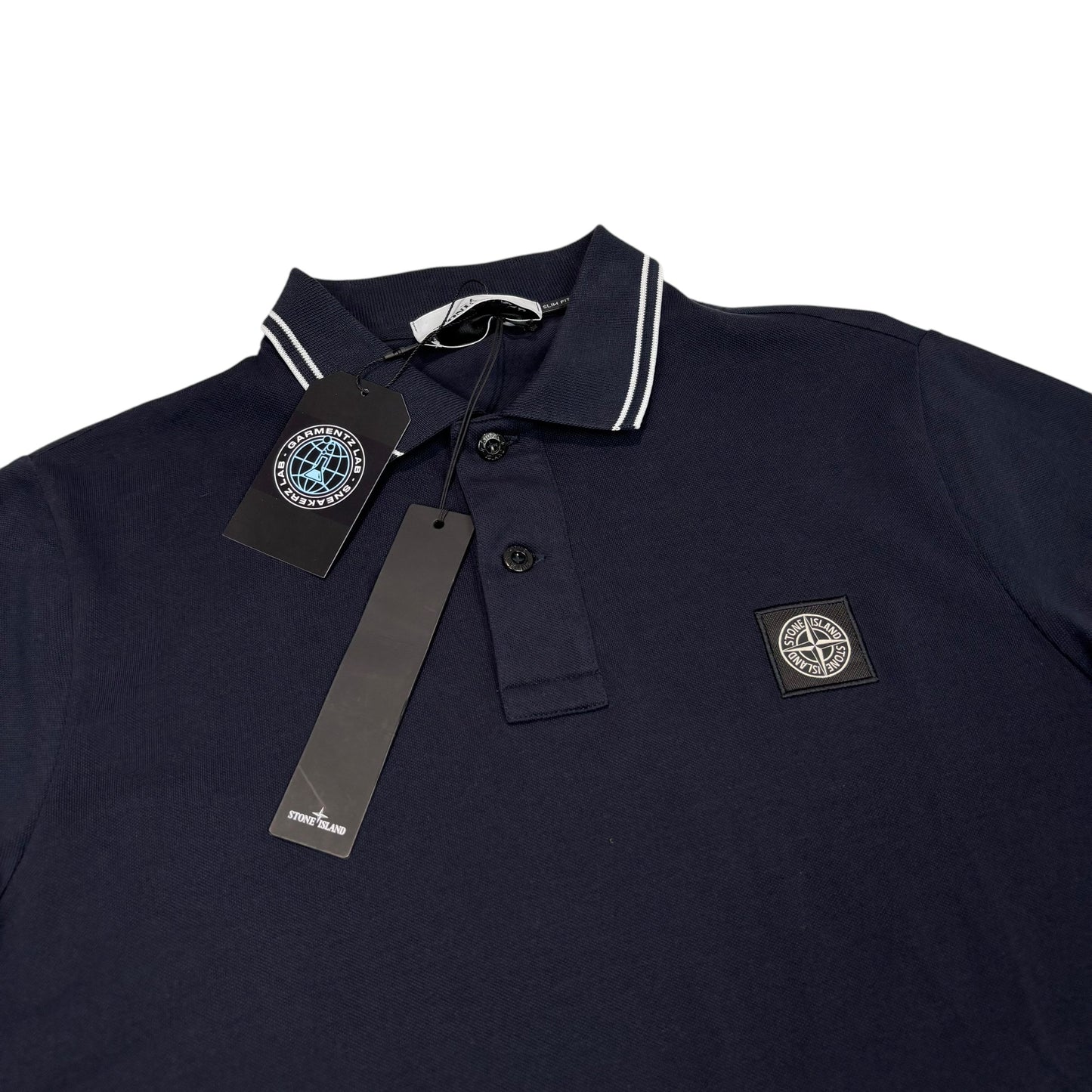 Stone Island Navy Blue Patch Logo Striped Polo TShirt