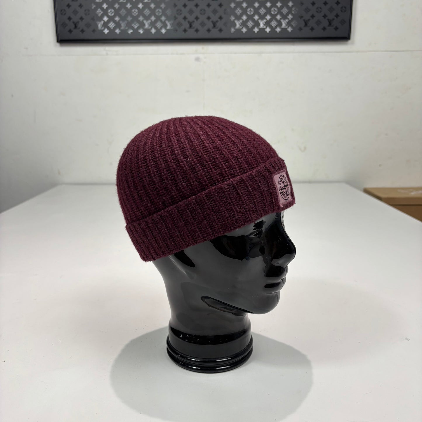 Stone Island Burgundy Patch Logo Cotton Beanie