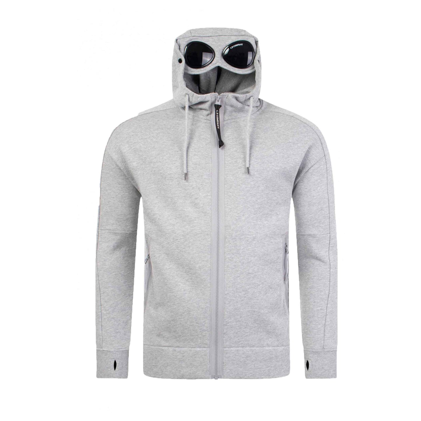 C.P. Company Diagonal Raised Fleece Goggle Zipped Hooded Sweatshirt in Greystone Melange