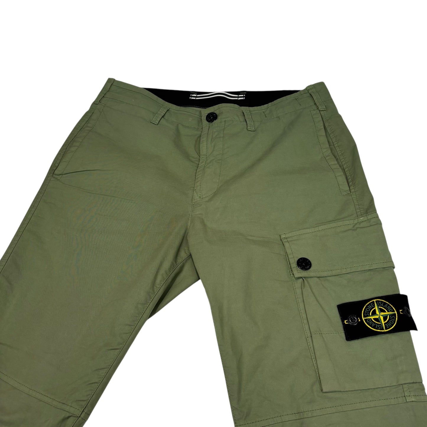 Stone Island Khaki Green Brushed Cotton Buttoned Pockets Compass-Patch Cargo Trousers