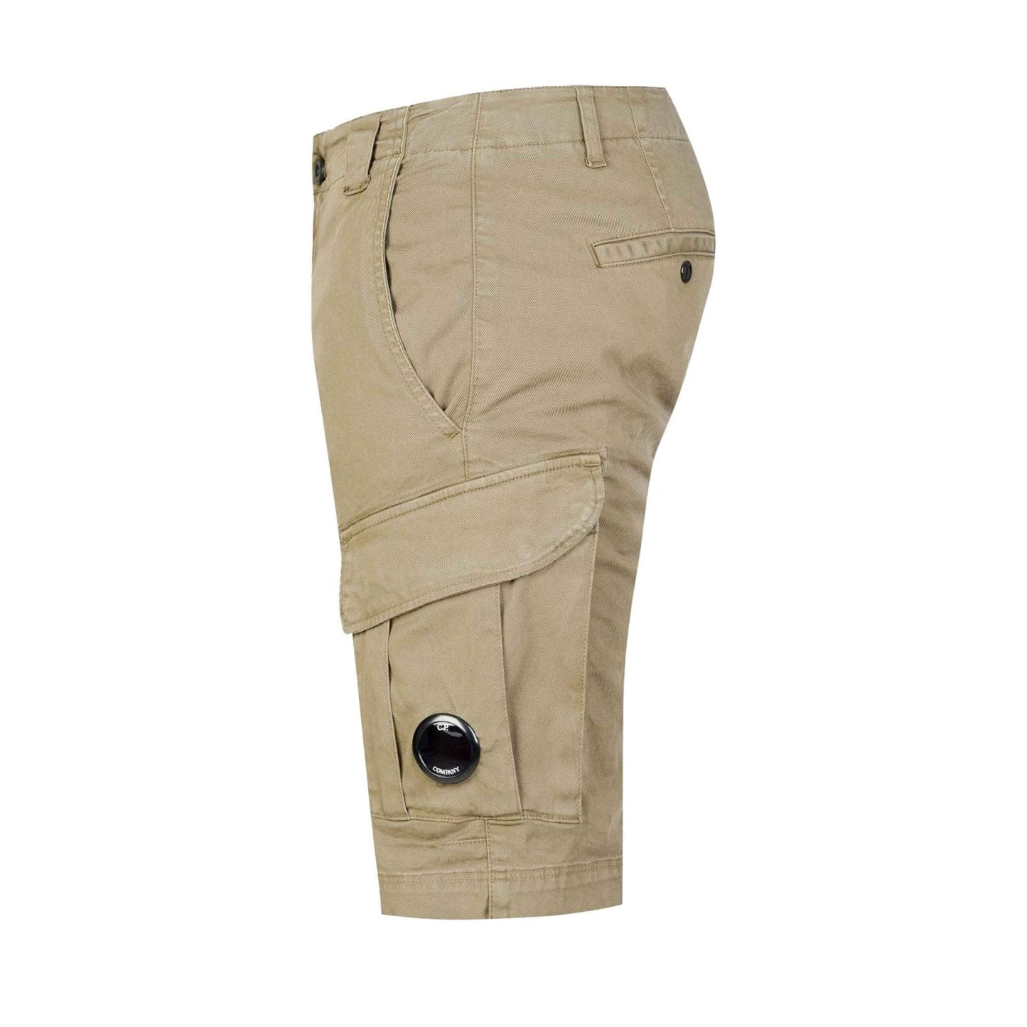 C.P. Company Stretch Sateen Lens Cargo Shorts in Vintage Khaki- Beige