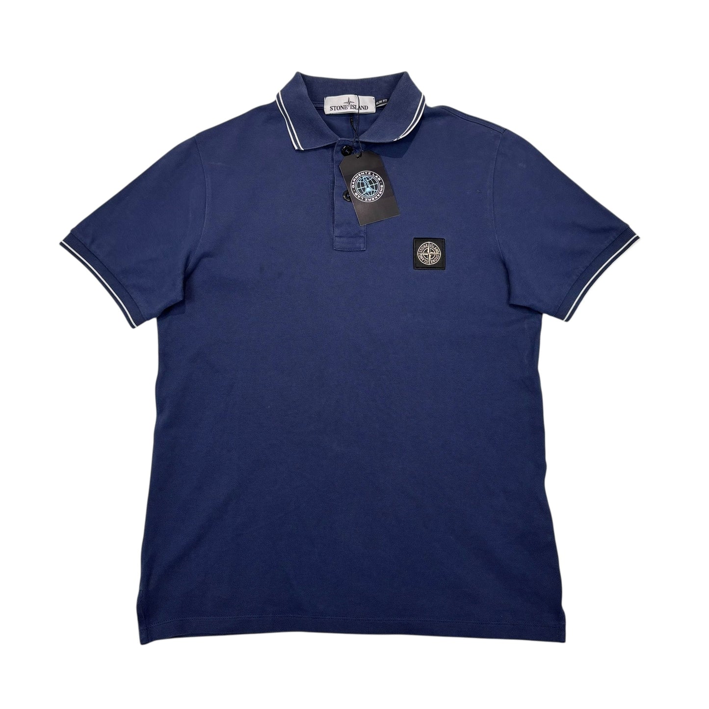 Stone Island Navy Blue with White Stripe Patch Logo Polo Shirt