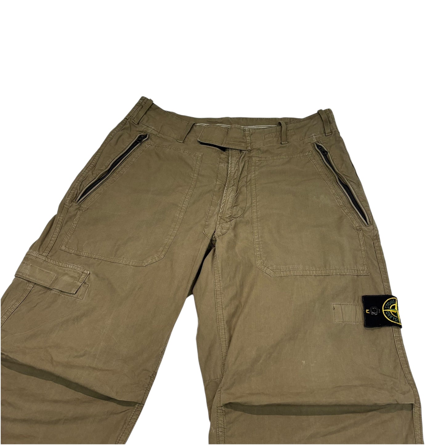 Stone Island Khaki Green Velcro Strapped Compass-Patch Trousers