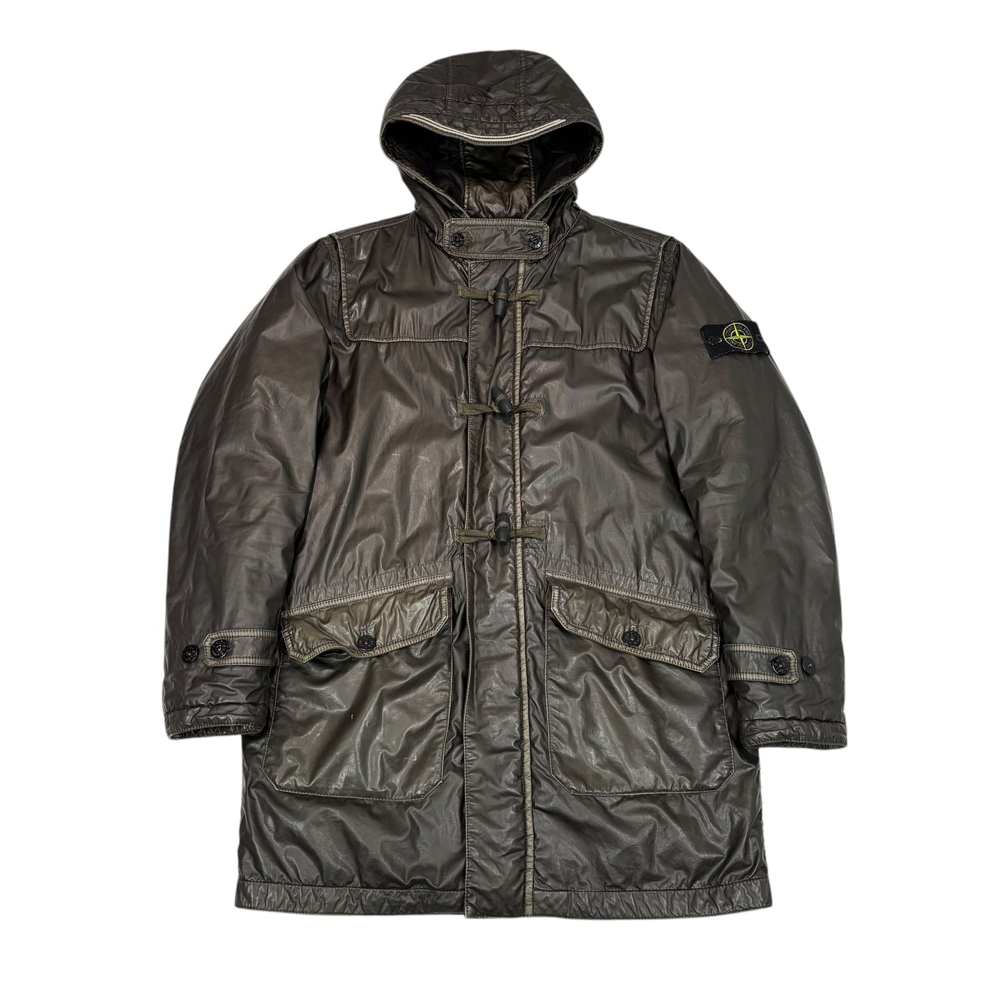 Stone Island Brown Mussola Gommata Compass Patch Long Line Jacket