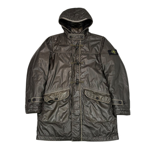 Stone Island Brown Mussola Gommata Compass Patch Long Line Jacket