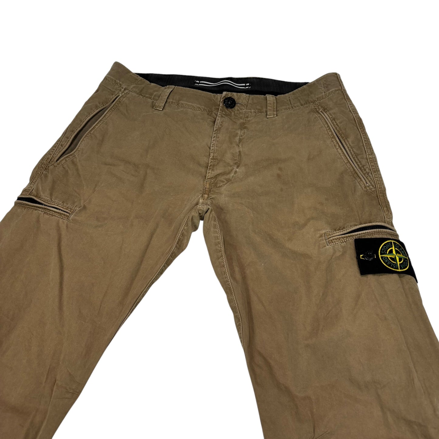 Stone Island Khaki Green Zip-Pockets Compass-Patch Cargo Trousers