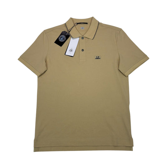 CP Company Beige Box Logo Spell Out Striped Polo Shirt