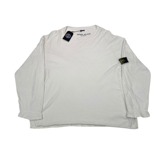 Stone Island White Towelling Fleece Marina Green Edge Badge Jumper