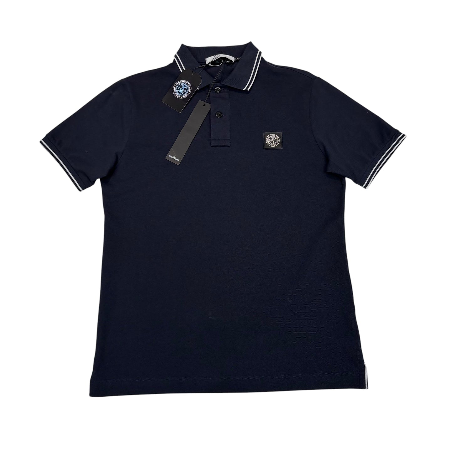 Stone Island Navy Blue Patch Logo Striped Polo TShirt