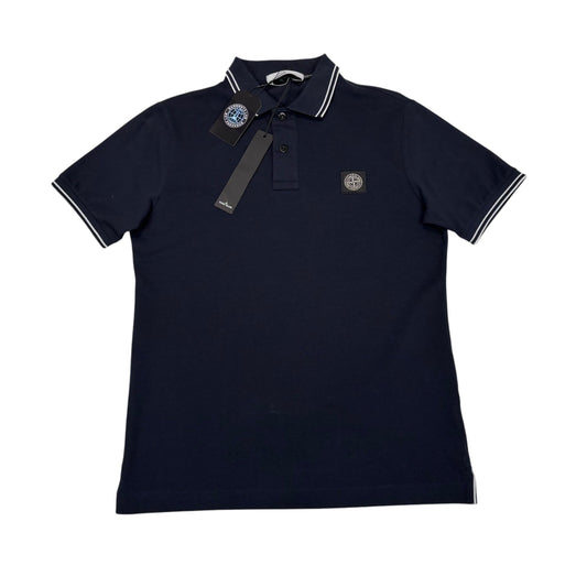 Stone Island Navy Blue Patch Logo Striped Polo TShirt