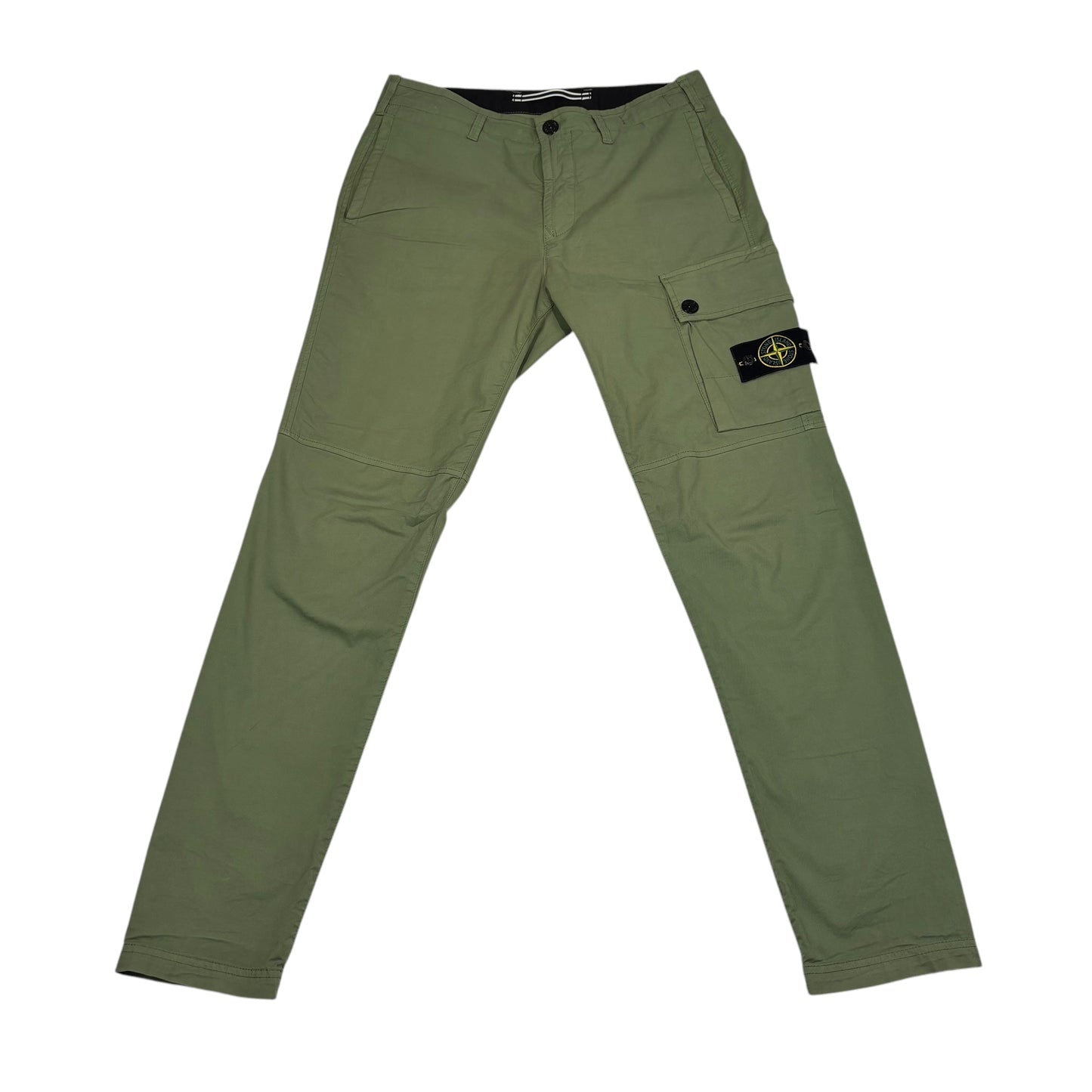 Stone Island Khaki Green Brushed Cotton Buttoned Pockets Compass-Patch Cargo Trousers