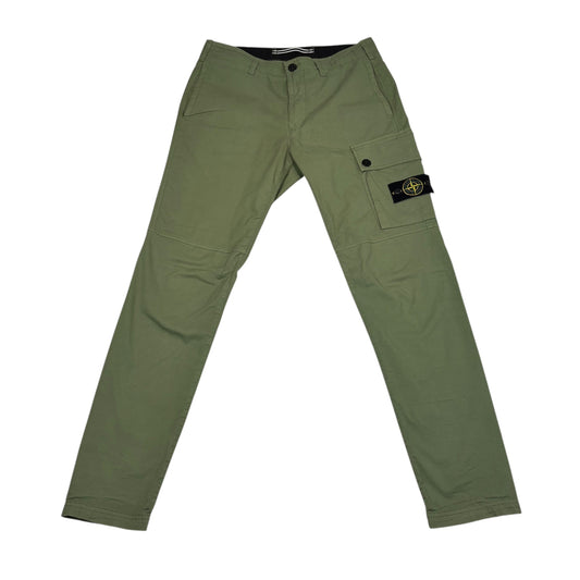 Stone Island Khaki Green Brushed Cotton Buttoned Pockets Compass-Patch Cargo Trousers