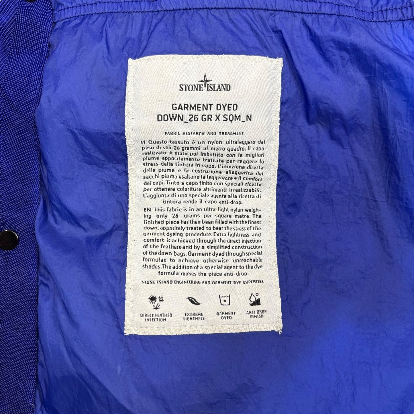 Stone Island Royal Blue Garment Dyed Down_26 GR X SQM_N Jacket