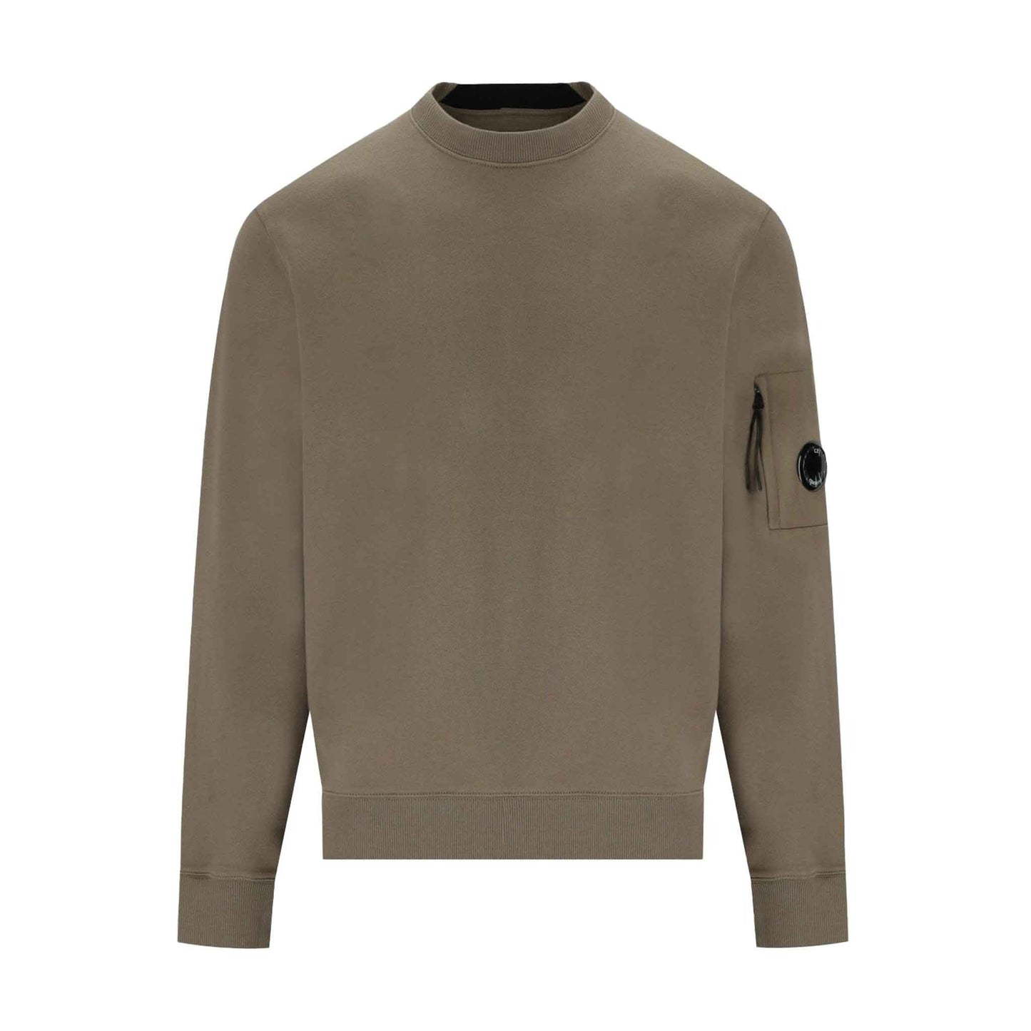 C.P. Company Diagonal Raised Fleece Crew Neck Lens Sweatshirt in Walnut- Beige
