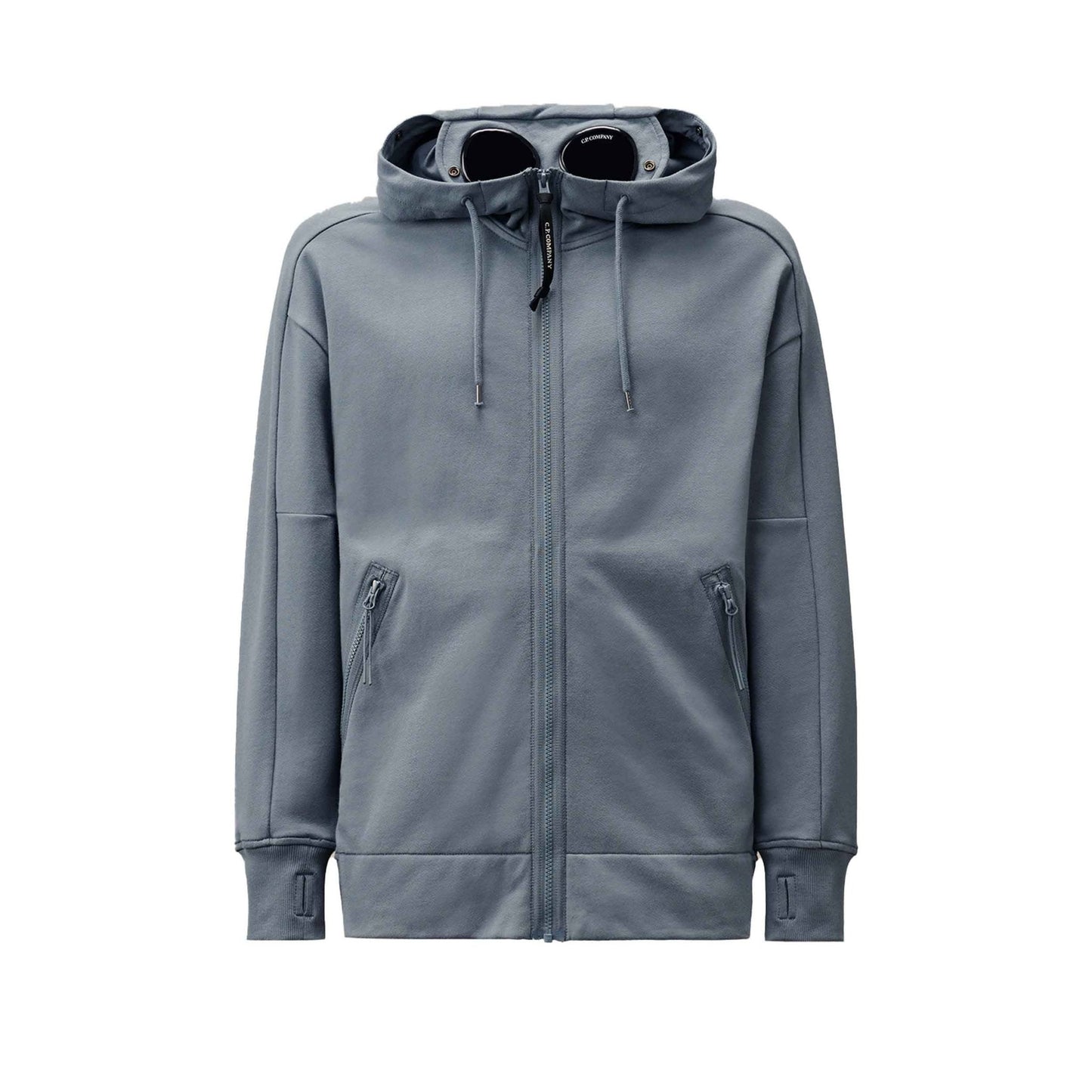 C.P. Company Diagonal Raised Fleece Goggle Zipped Hooded Sweatshirt in Stormy Weather- Blue