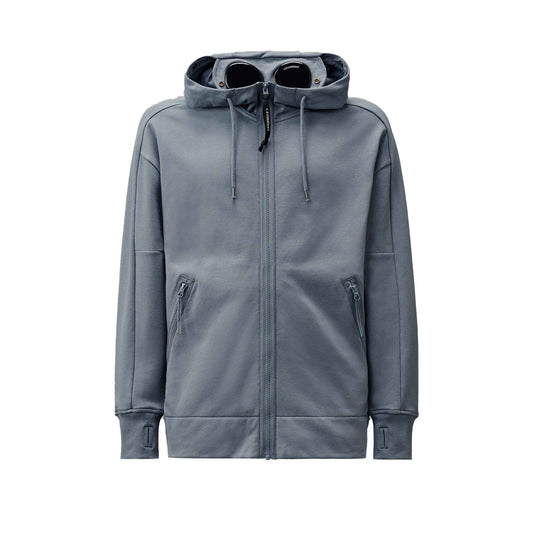C.P. Company Diagonal Raised Fleece Goggle Zipped Hooded Sweatshirt in Stormy Weather- Blue
