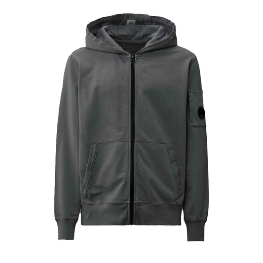 C.P. Company Light Fleece Lens Zipped Hooded Sweatshirt in Smoked Pearl- Grey