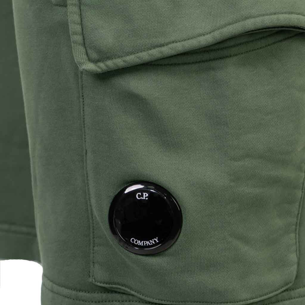 C.P. Company Resist Dyed Cotton Fleece Lens Shorts in Duck Green