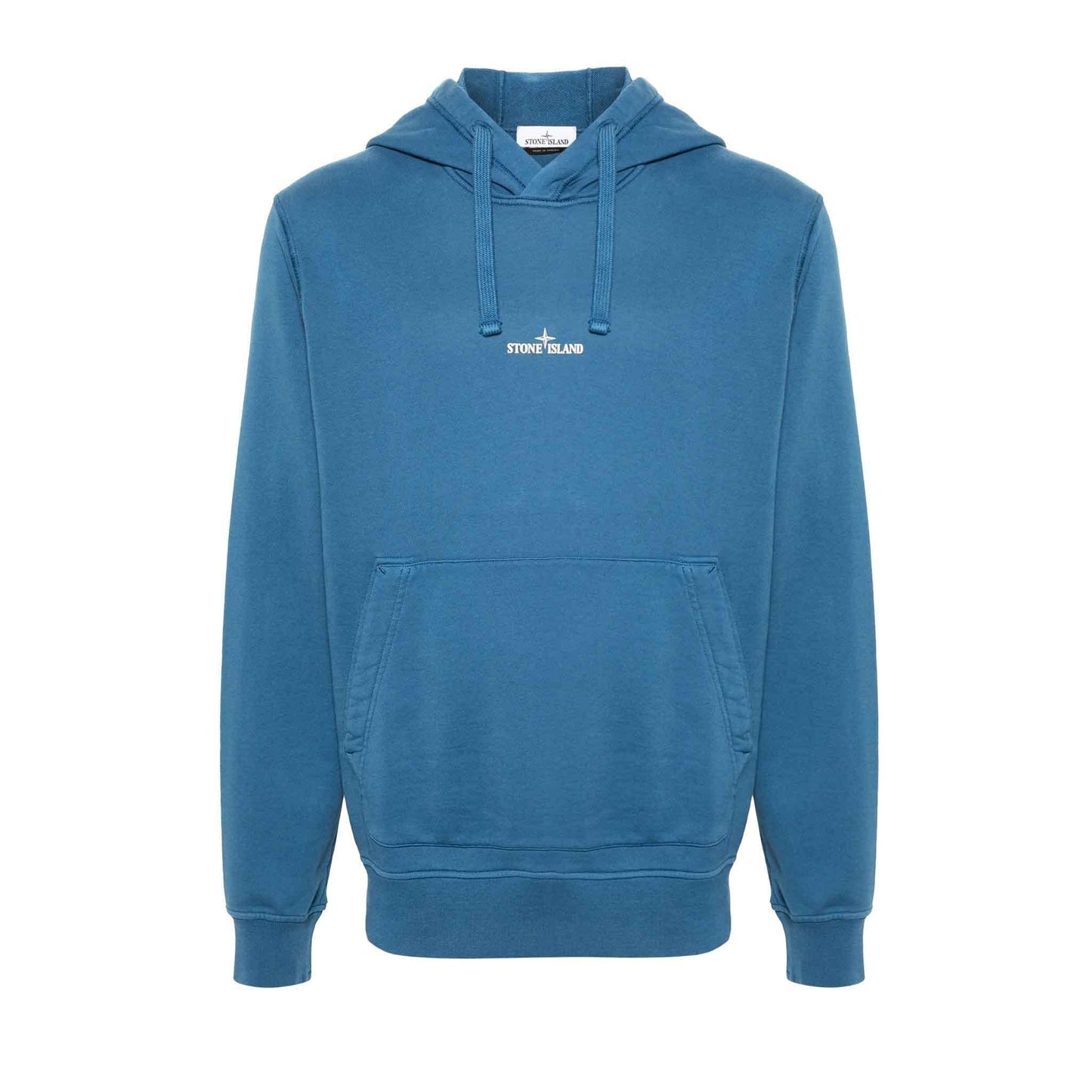 Stone Island Logo Printed Cotton Fleece Hooded Sweatshirt in Avio Blue