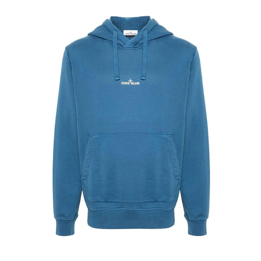 Stone Island Logo Printed Cotton Fleece Hooded Sweatshirt in Avio Blue